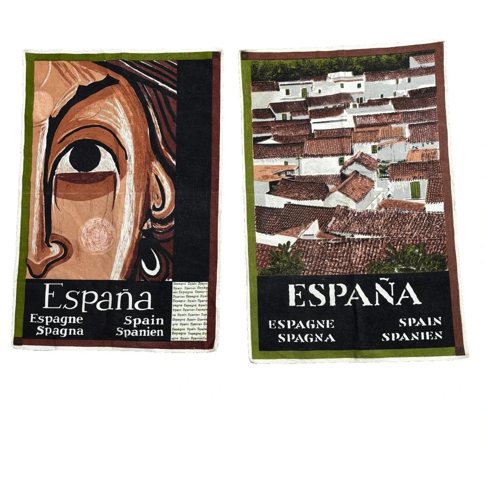 VTG Espana Fabric Wall Hanging Pair Face & Buildings 19x20 in each Travel Art